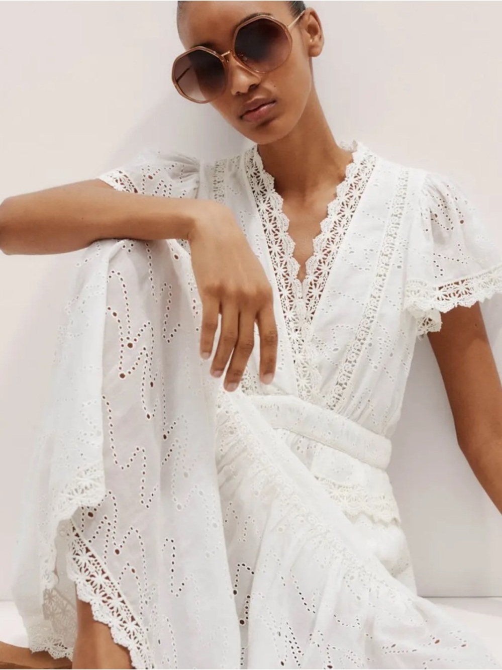 Me + Em Broderie Anglaise White Eyelet Lace Cotton Ruffle Mini Dress US 2 $425